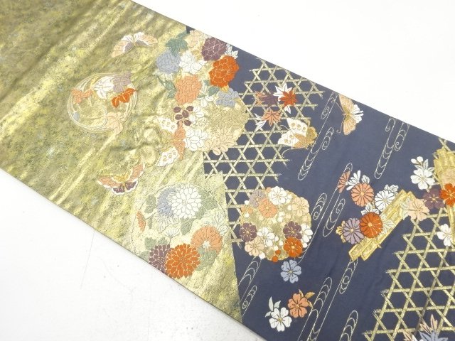 Honkin gold pouch obi with interwoven butterfly, kanzemizu, and floral circle pa